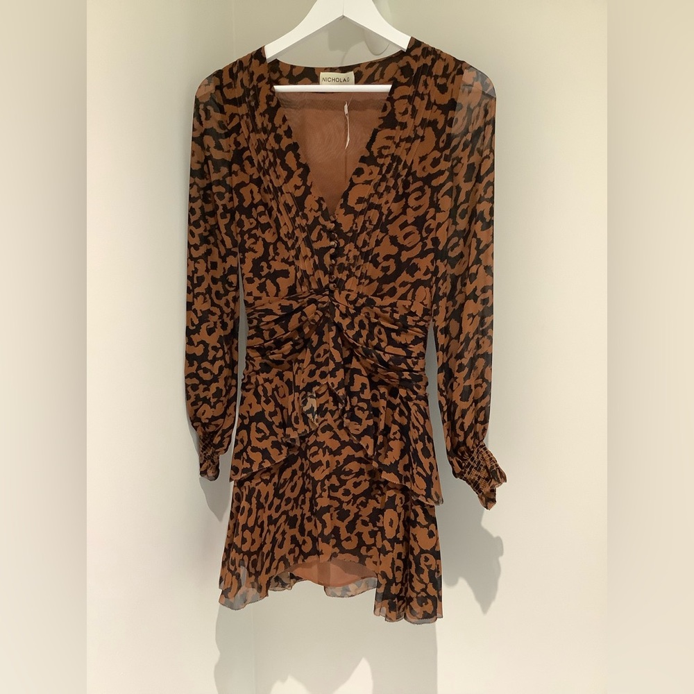 NICHOLAS Brown Animal Print Long Sleeve Dress